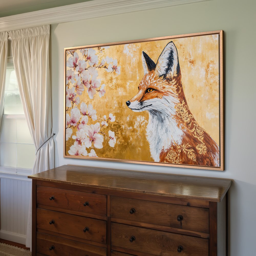 Framed Wall Art: Elegant fox portrait Canvas Print with gold and floral accents. Warm color palette, perfect for modern home decor.