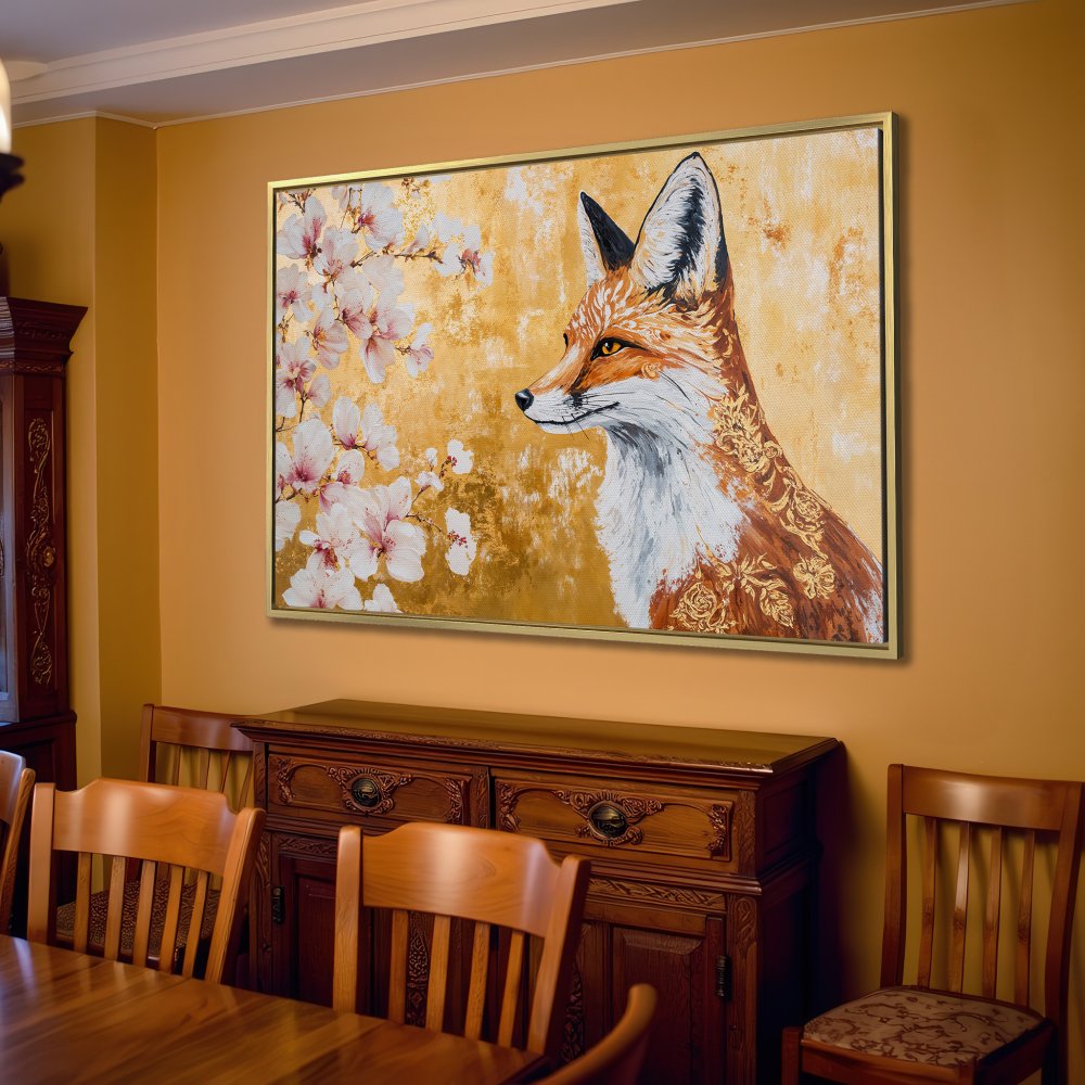 Canvas Print of a regal fox with floral accents in gold, white, and warm tones. Perfect for adding elegance to your living room!