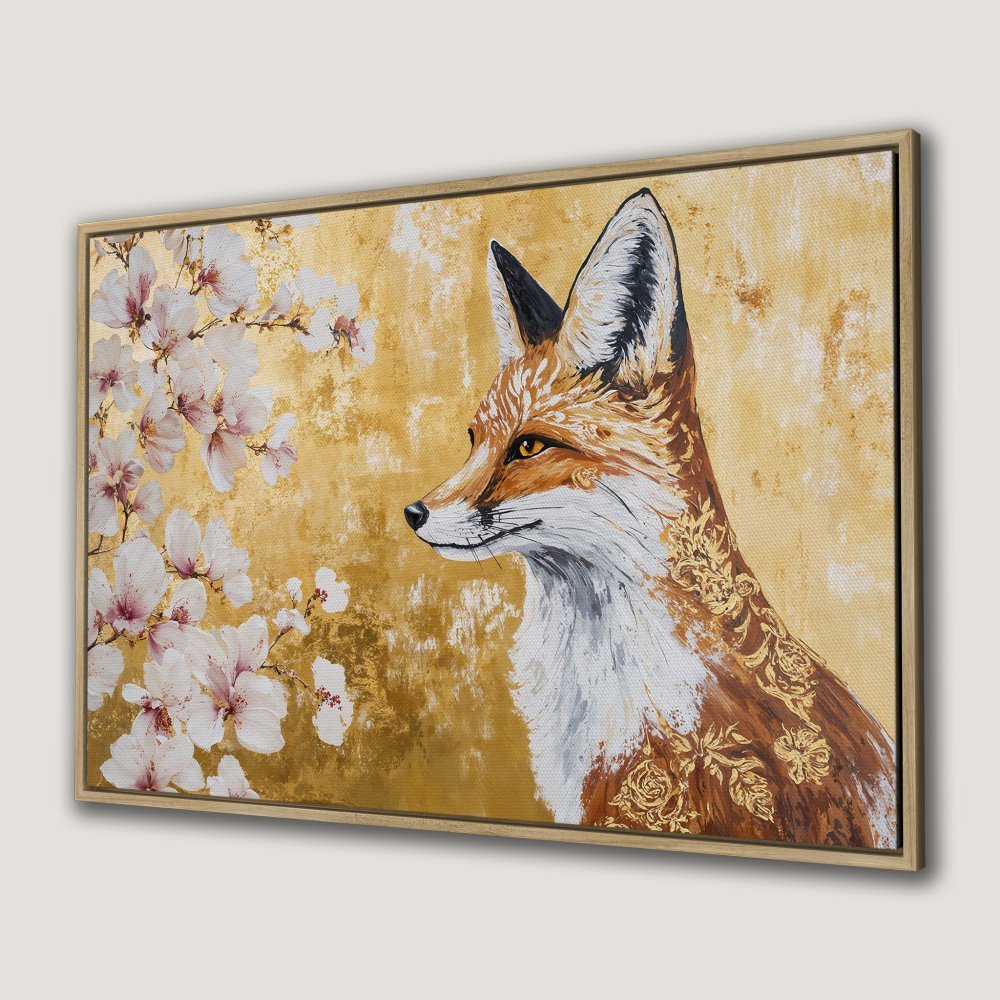 Framed Wall Art: Elegant fox painting with floral accents in warm gold, brown, and white tones. Perfect for adding a touch of nature and sophistication.