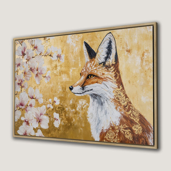 Framed Wall Art: Elegant fox painting with floral accents in warm gold, brown, and white tones. Perfect for adding a touch of nature and sophistication.