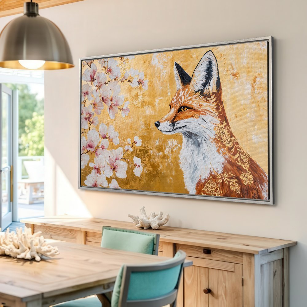 Framed Wall Art: Elegant fox painting with gold and floral accents. Warm, inviting color palette. Add a touch of nature to your space!