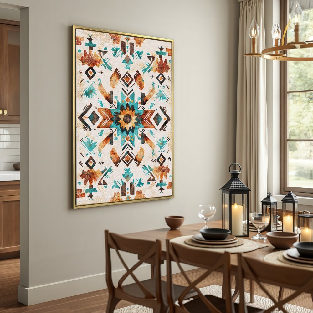 Canvas Print: Southwestern-style art with geometric patterns in earthy tones of brown, turquoise, and cream. Perfect wall decor!