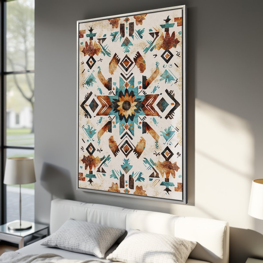 Framed Wall Art: Southwestern-style Canvas Print with geometric patterns in teal, brown, and cream. Perfect for adding a touch of boho chic to your space!