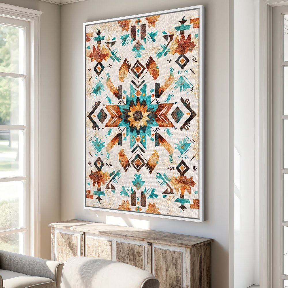 Framed Wall Art: Southwestern geometric design Canvas Print in warm earth tones and turquoise, perfect for adding a touch of boho style to your home decor.