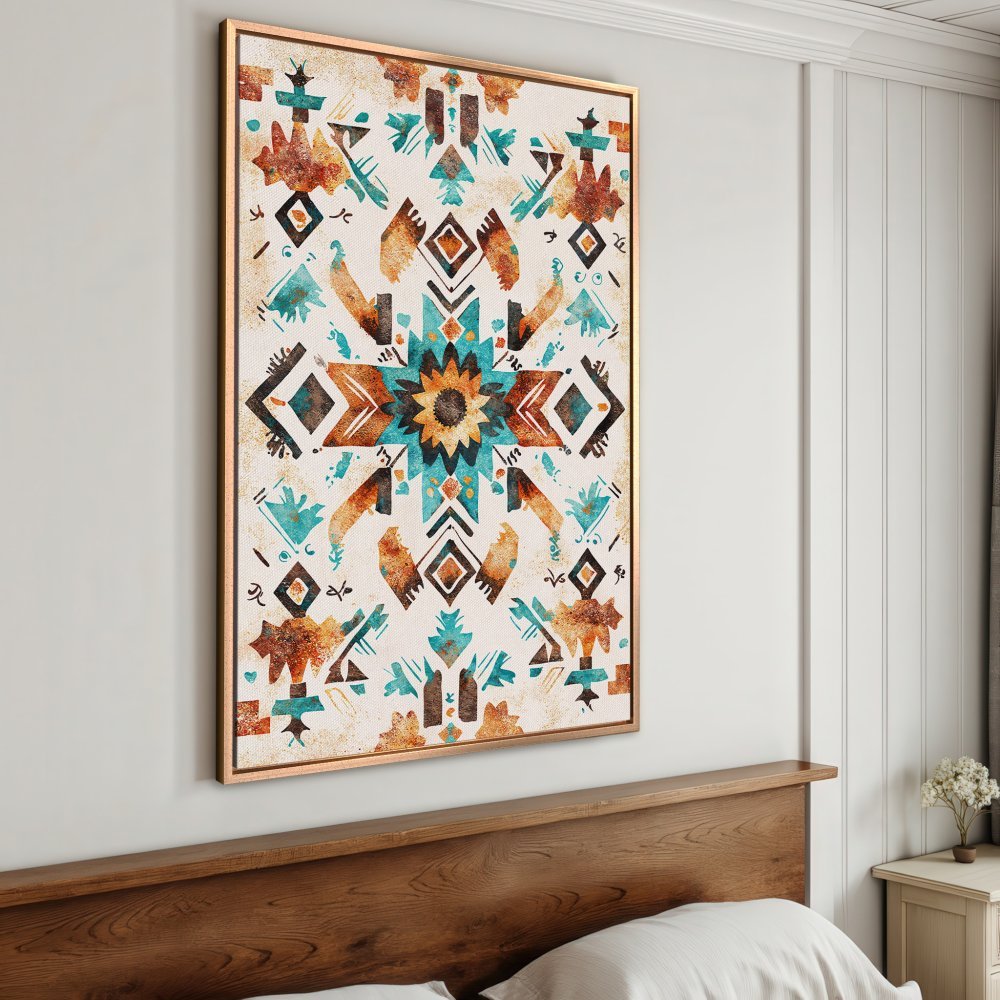 Framed Wall Art: Boho-inspired abstract print in turquoise, brown, and cream. Add a touch of artistry to your space with this unique canvas print!