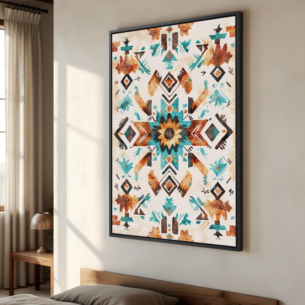 Framed Wall Art featuring a vibrant, geometric tribal design in warm earth tones and turquoise. Perfect for adding a touch of bohemian style!