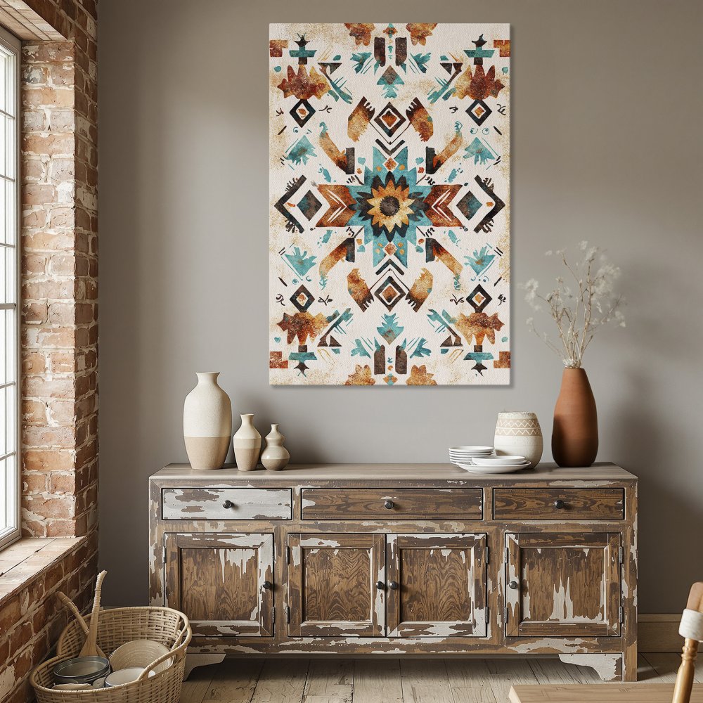 Framed Wall Art: Southwestern geometric design in teal, orange, and brown. Perfect for dining room decor!