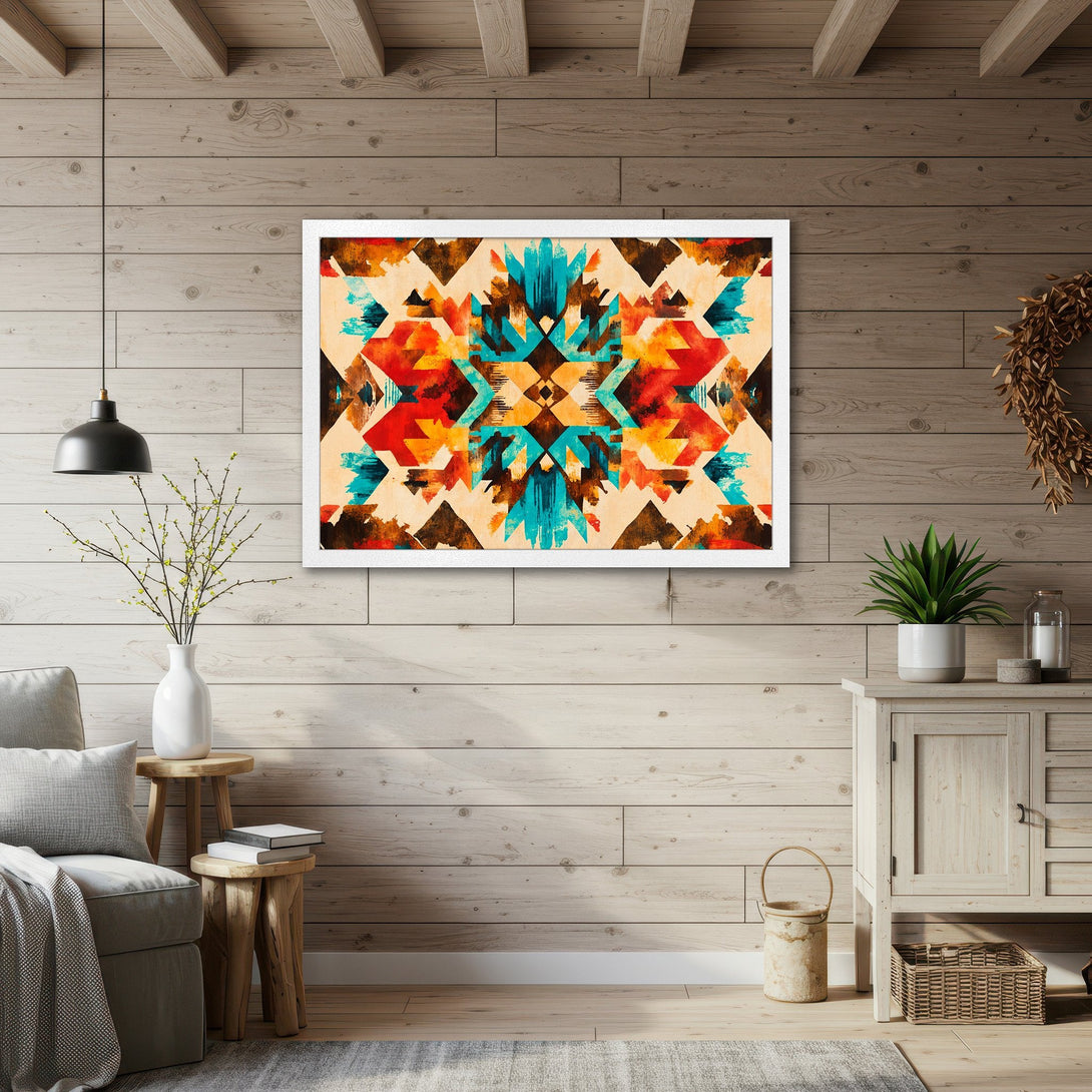 Framed Poster featuring an abstract geometric design in vibrant teal, orange, and red hues. Perfect wall art to elevate your home decor!