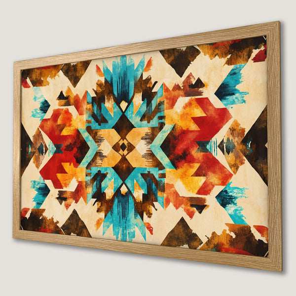 Framed Poster featuring an abstract geometric design in vibrant turquoise, orange, and brown hues. Perfect art piece for your home!