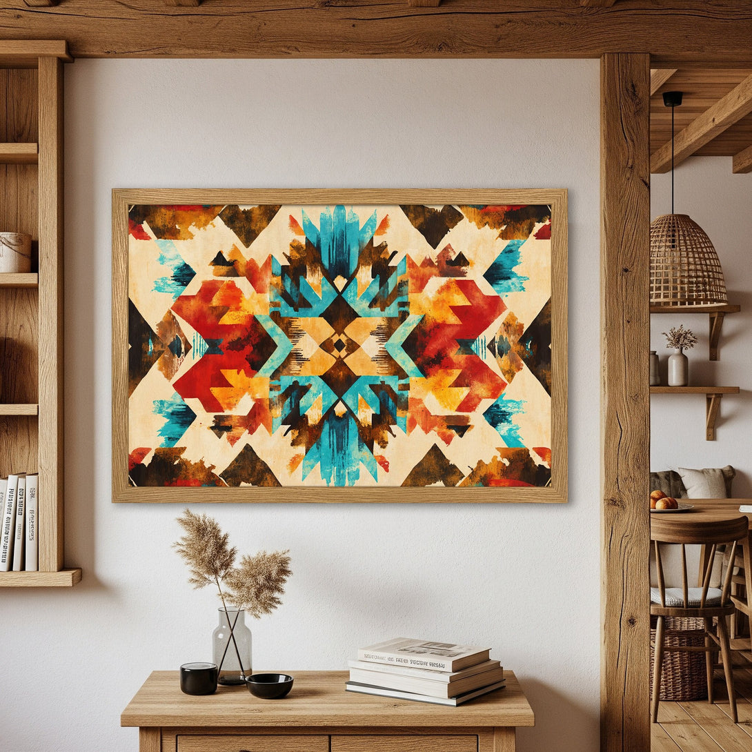 Framed Poster: Abstract geometric art print with vibrant blues, oranges, and browns. Perfect wall decor for modern homes.