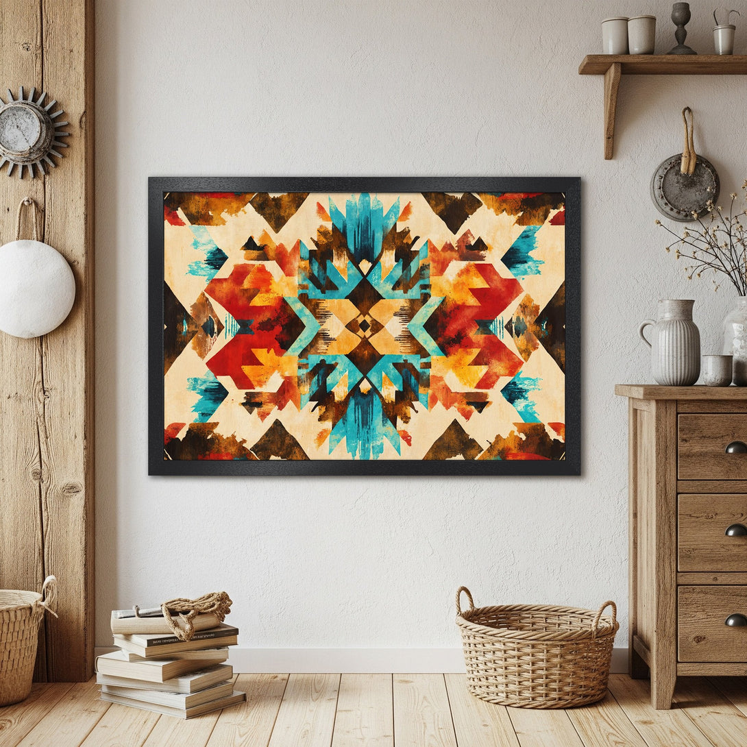 Framed Poster featuring a geometric abstract design in warm, earthy tones with pops of turquoise. Perfect wall art!