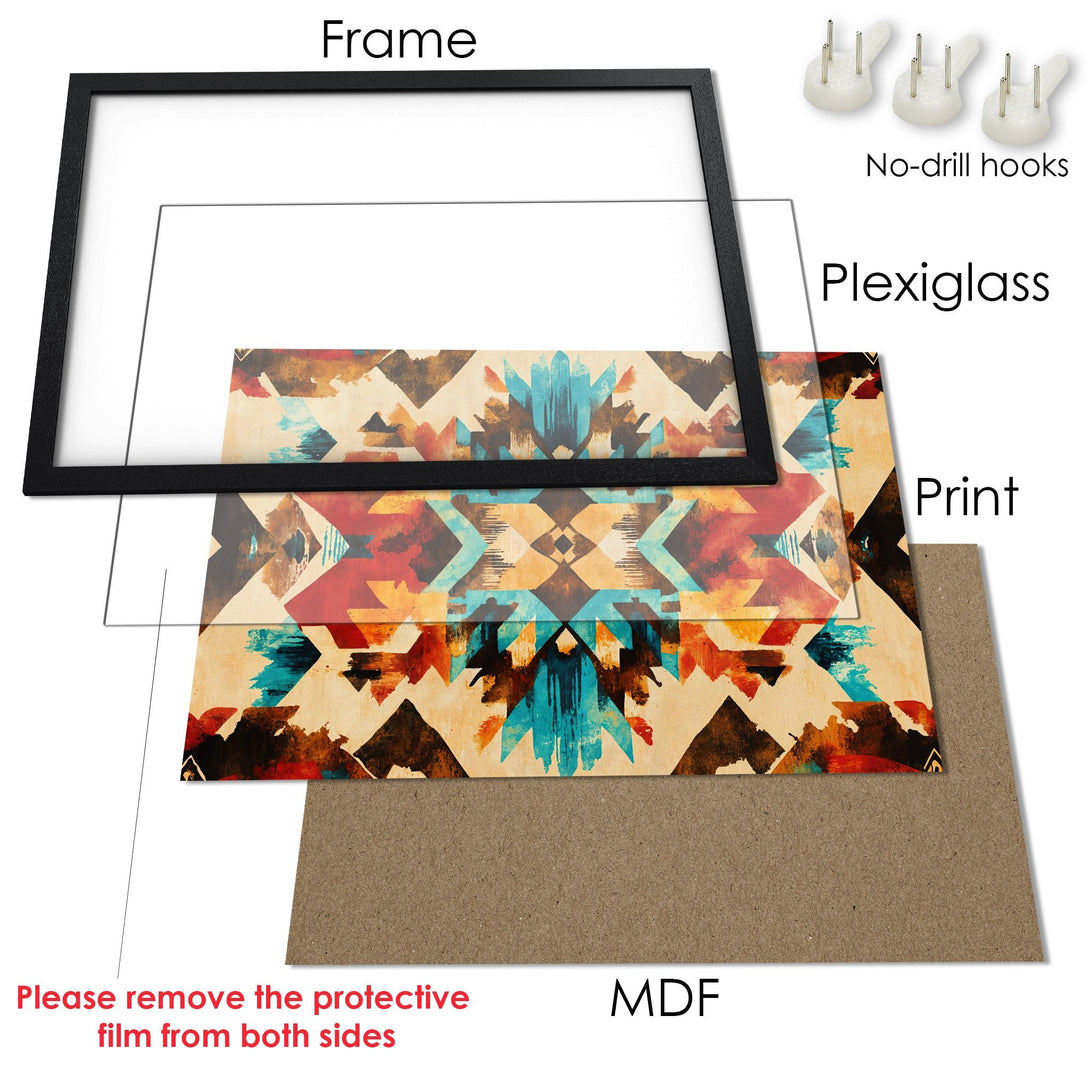 Framed Poster with abstract geometric design in warm earth tones and turquoise. Perfect wall art for any space.