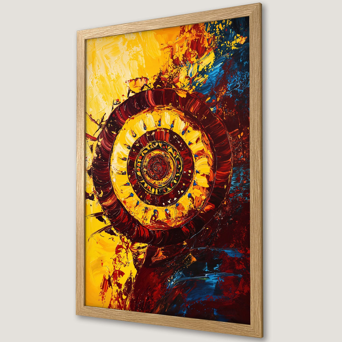 Framed Poster featuring abstract spiral art in vibrant yellow, red, and blue hues. Modern art print for home decor.