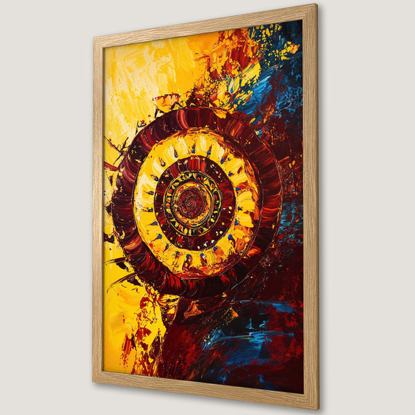 Framed Poster featuring abstract spiral art in vibrant yellow, red, and blue hues. Modern art print for home decor.