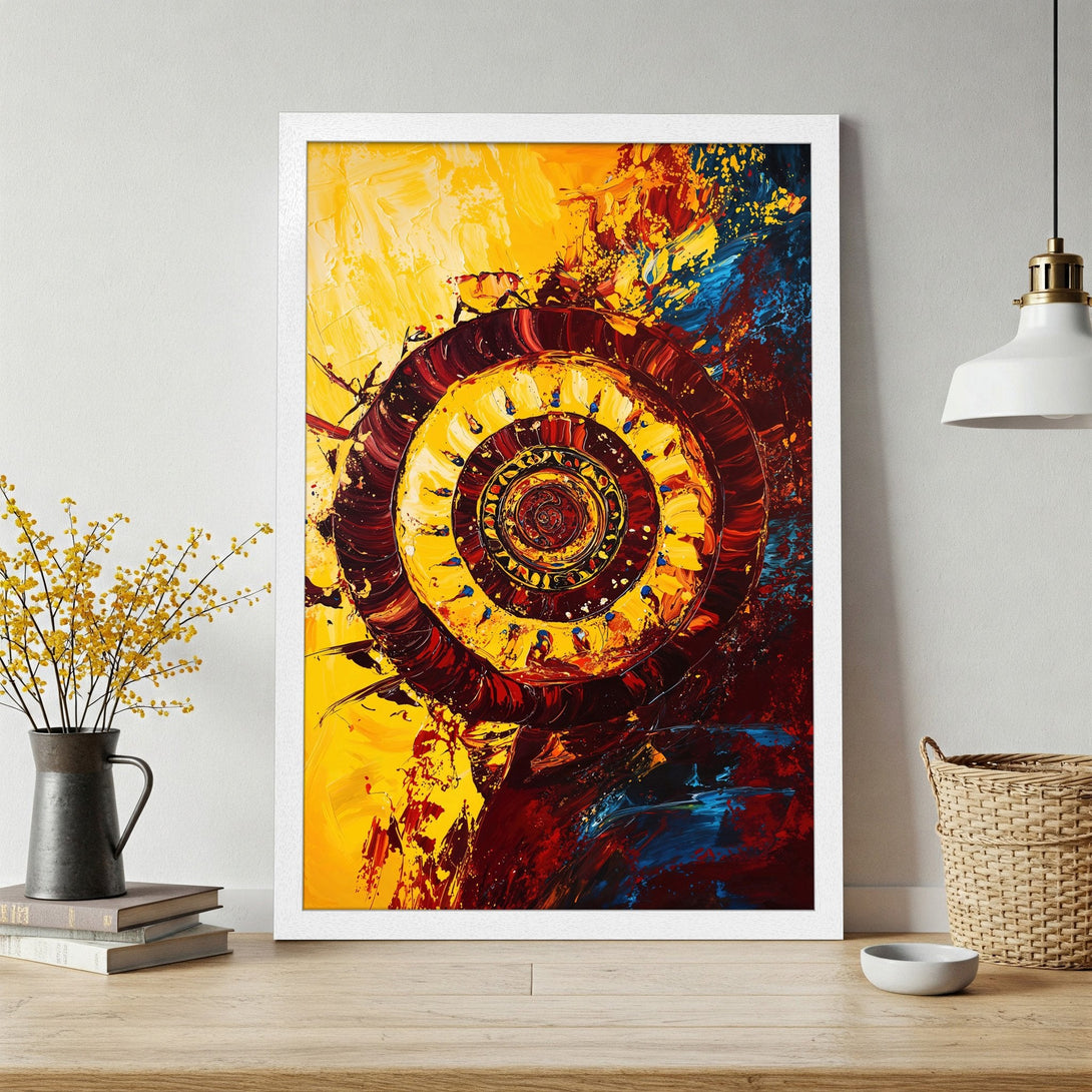 Framed Poster featuring abstract spiral art in vibrant yellow, red, and blue. Modern art print to brighten any space.