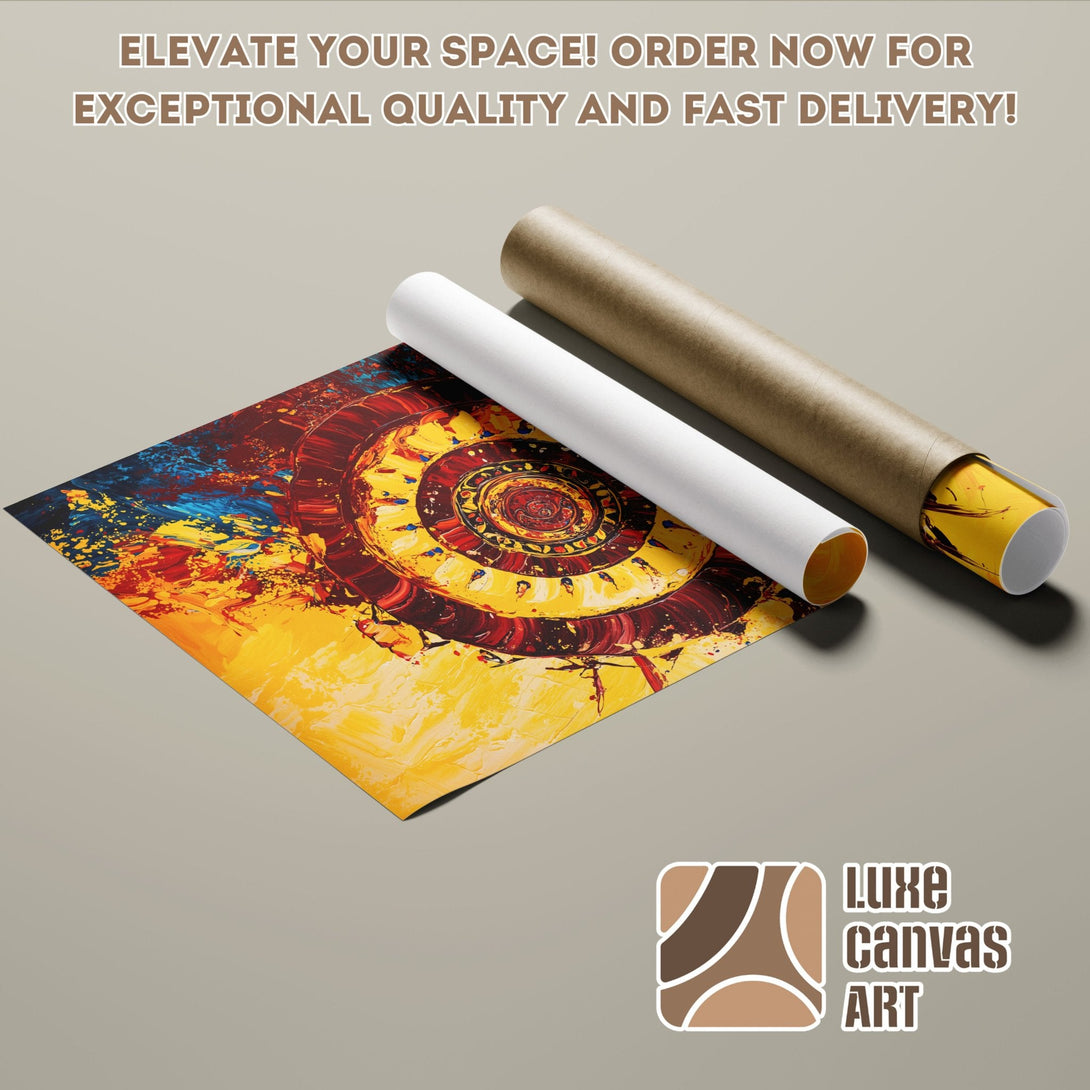 Abstract art Poster Roll with a warm color palette of yellow, red, and blue. Elevate your space with Luxe Canvas Art!