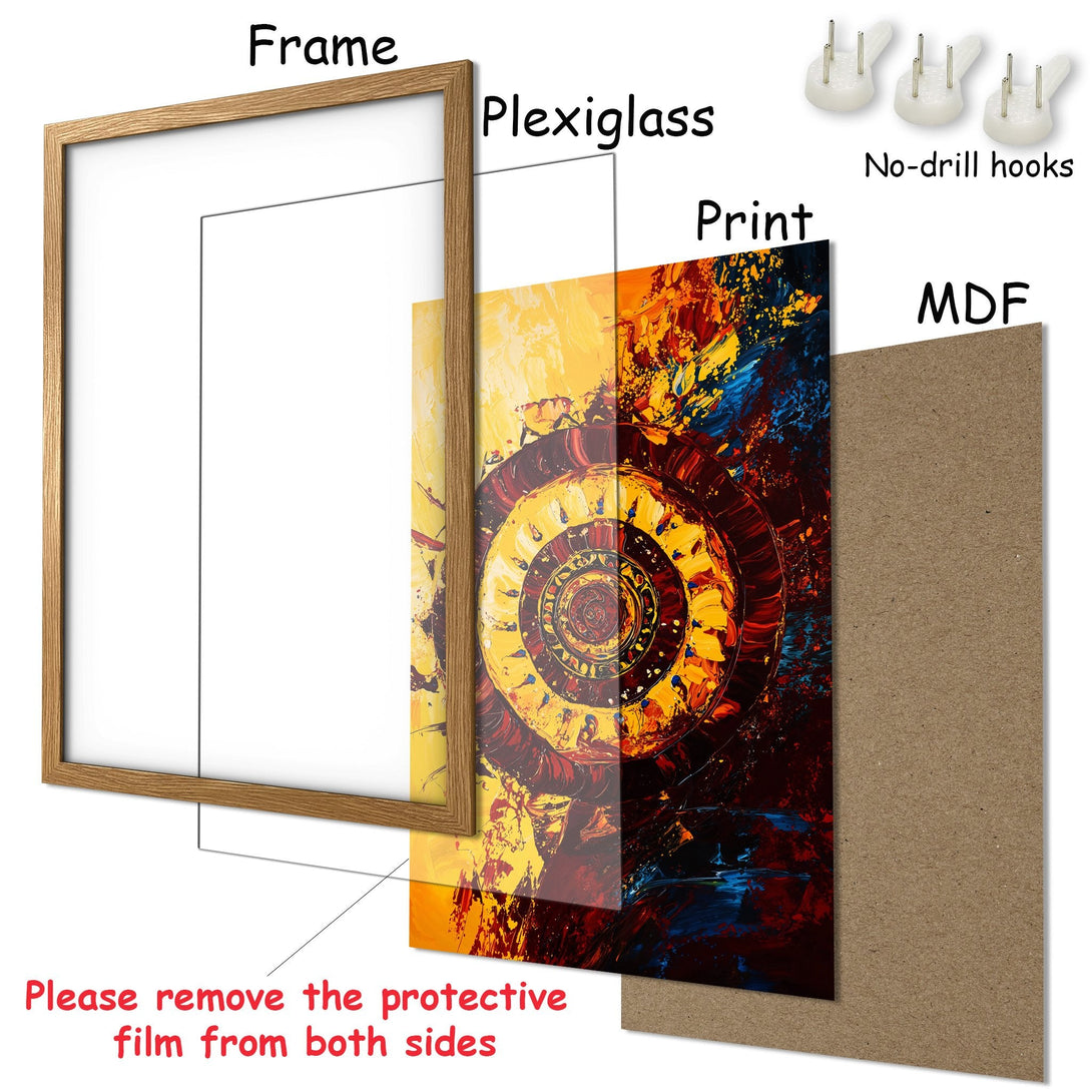 Framed Poster with abstract art in warm yellow, orange, and blue tones. Ready to hang art for your home!
