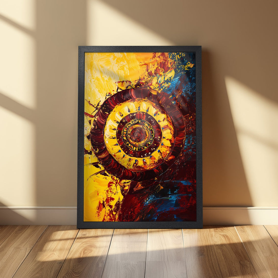 Framed Poster featuring abstract spiral art in a vibrant yellow, red, and blue color palette. Perfect wall decor!