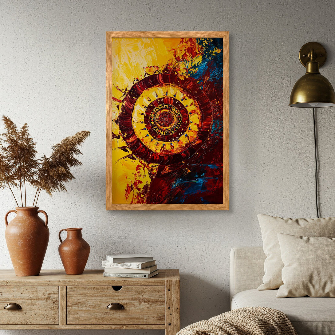Framed Poster featuring abstract art with a warm yellow, red, and blue color palette, perfect for modern home decor.