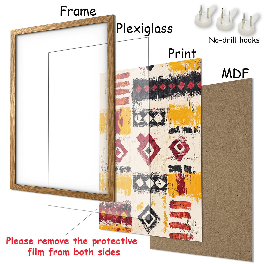Framed Poster with abstract art in warm tones. Modern wall decor with a stylish design in a red, yellow, black palette.