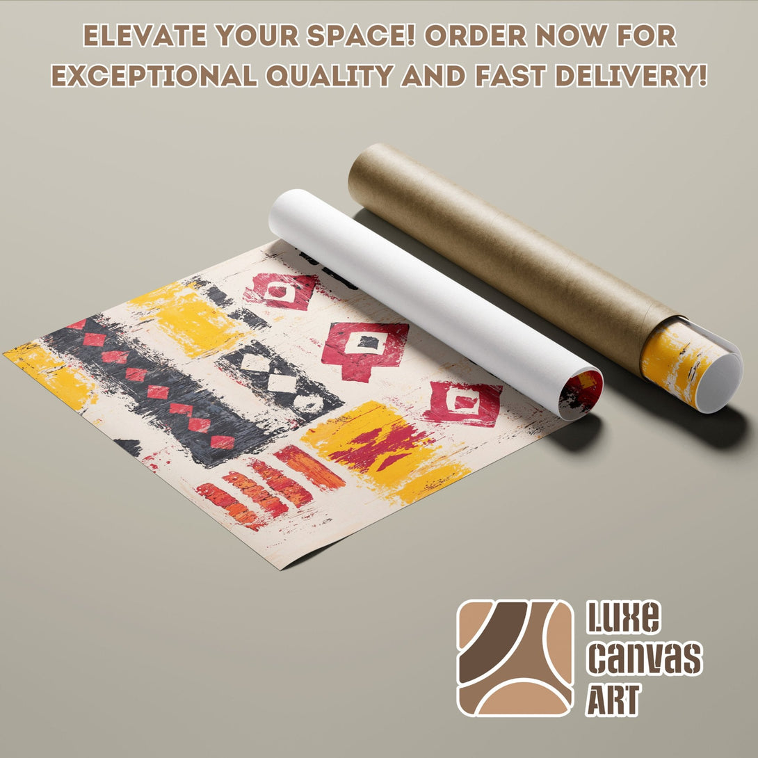 Poster Roll with abstract art in yellow, red, and black. Elevate your space with Luxe Canvas Art!