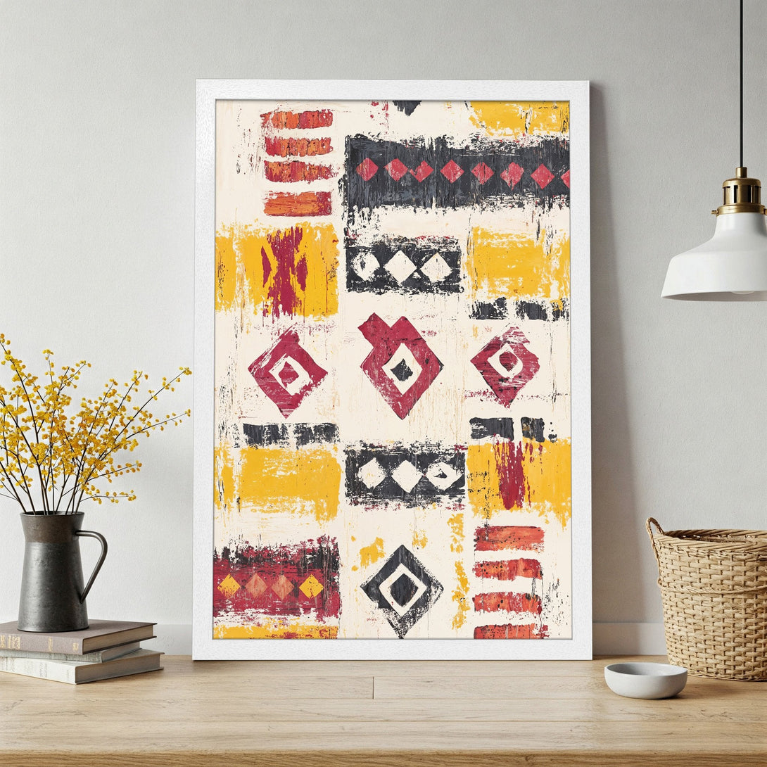 Framed Poster featuring abstract geometric art in a vibrant palette of yellow, red, black, and cream. Perfect for modern decor!