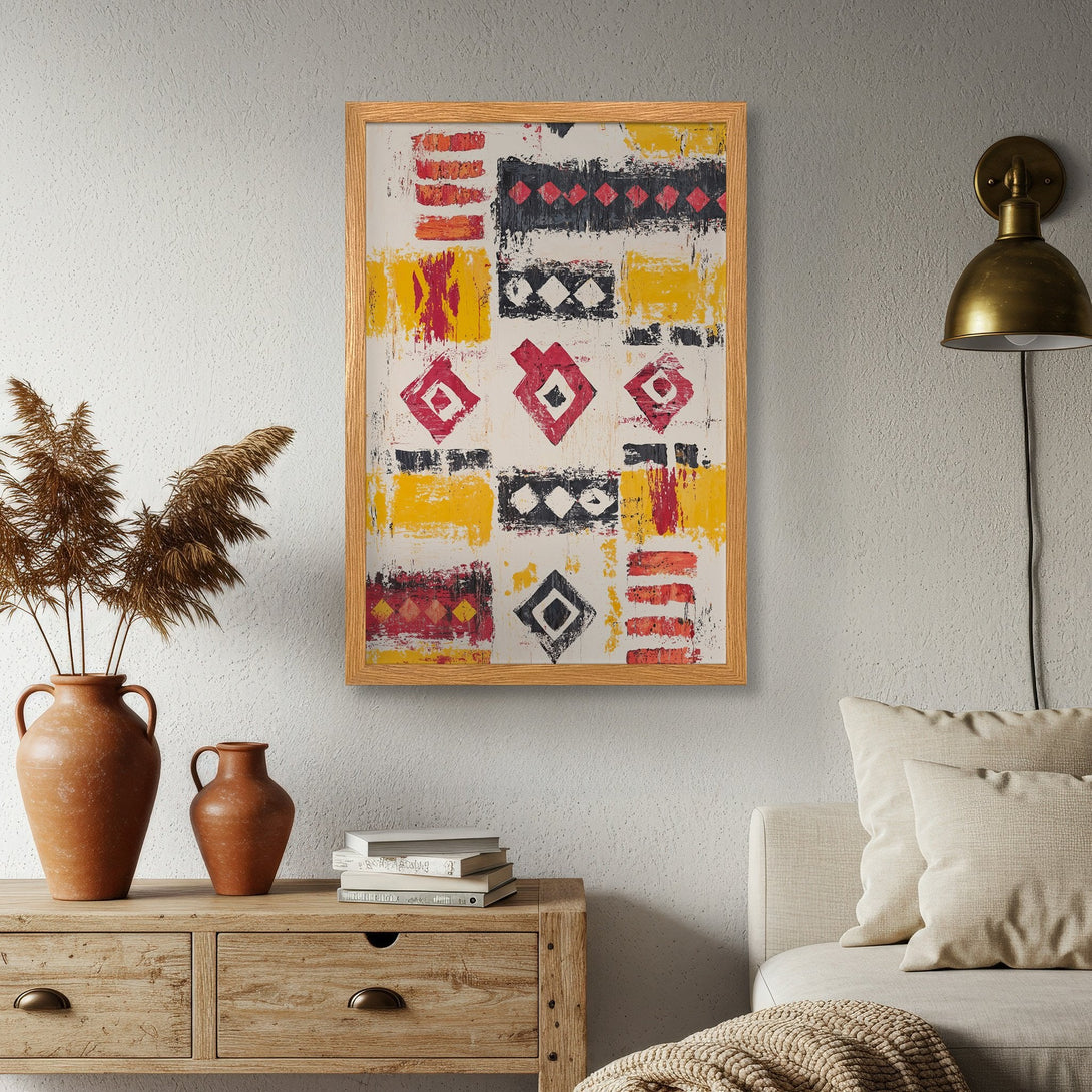 Framed Poster featuring abstract art in red, yellow, black, and white. Modern, textured style. Add a pop of color to your space!
