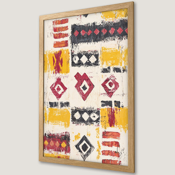 Framed Poster featuring abstract art with geometric shapes in a warm yellow, red, and black color palette. Perfect wall decor!