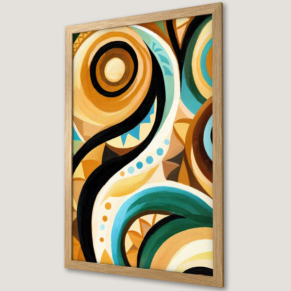 Framed Poster featuring abstract art in warm tones with a modern style. Earthy color palette with vibrant accents. Perfect wall decor!