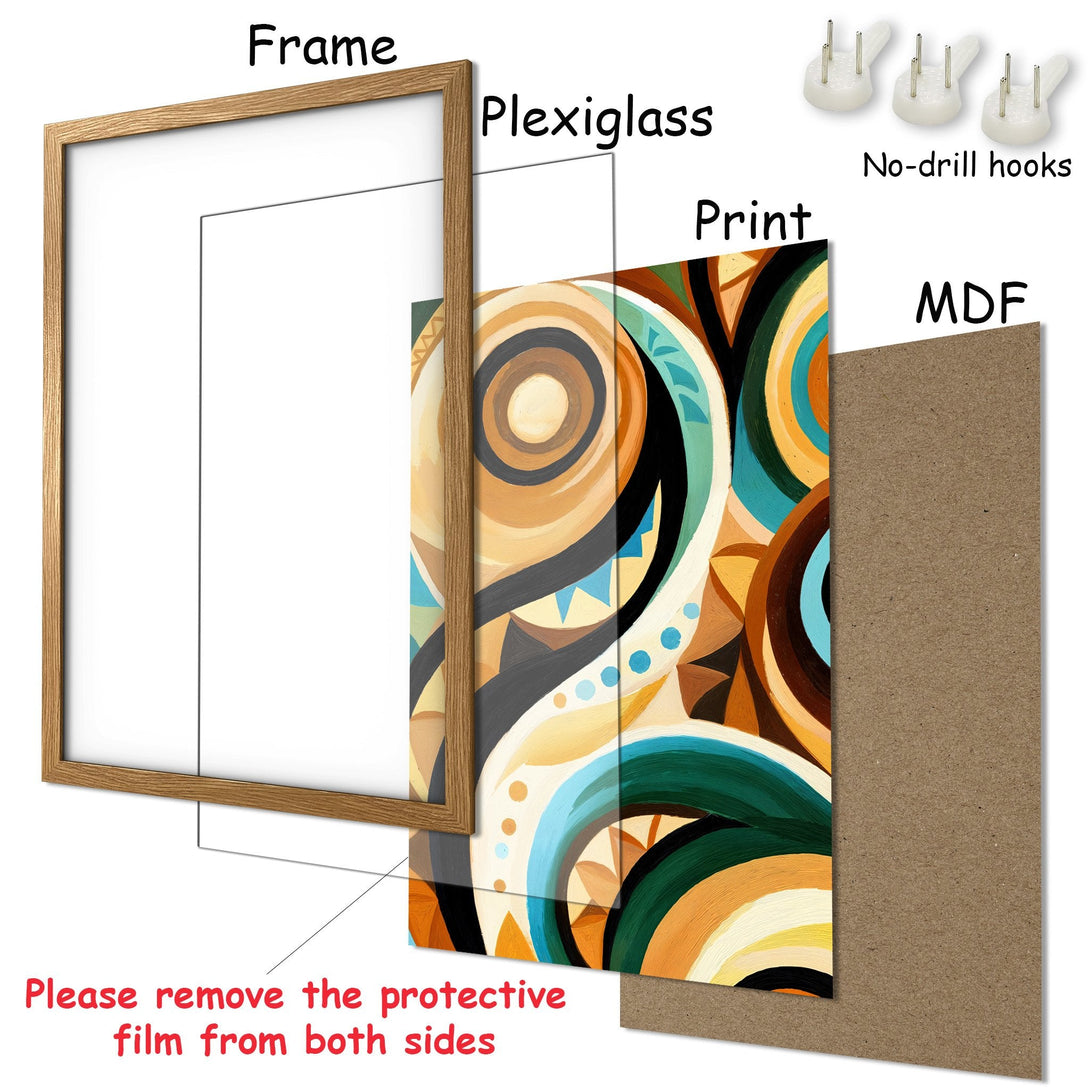 Framed Poster with abstract art in warm earth tones and teal accents. Ready to hang!