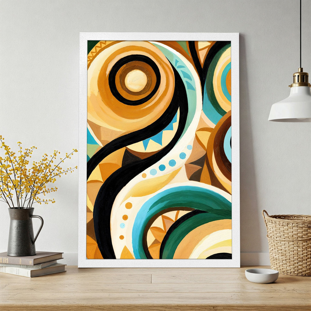 Framed Poster featuring abstract art in warm tones of orange, yellow, and teal. Perfect wall decor for a modern home.