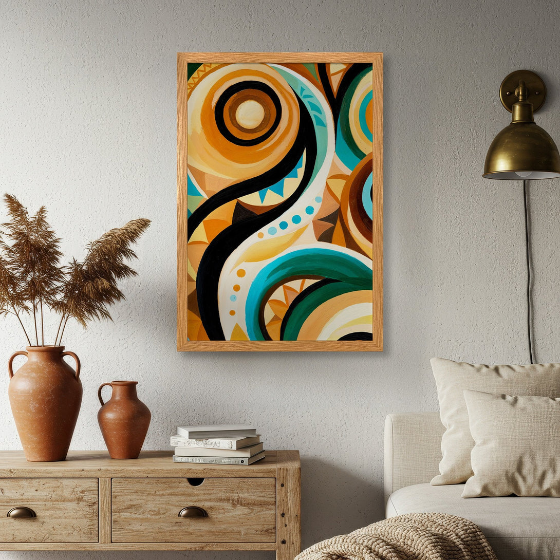 Framed Poster with abstract art in warm tones of yellow, orange, and teal. Modern style, perfect for home decor.