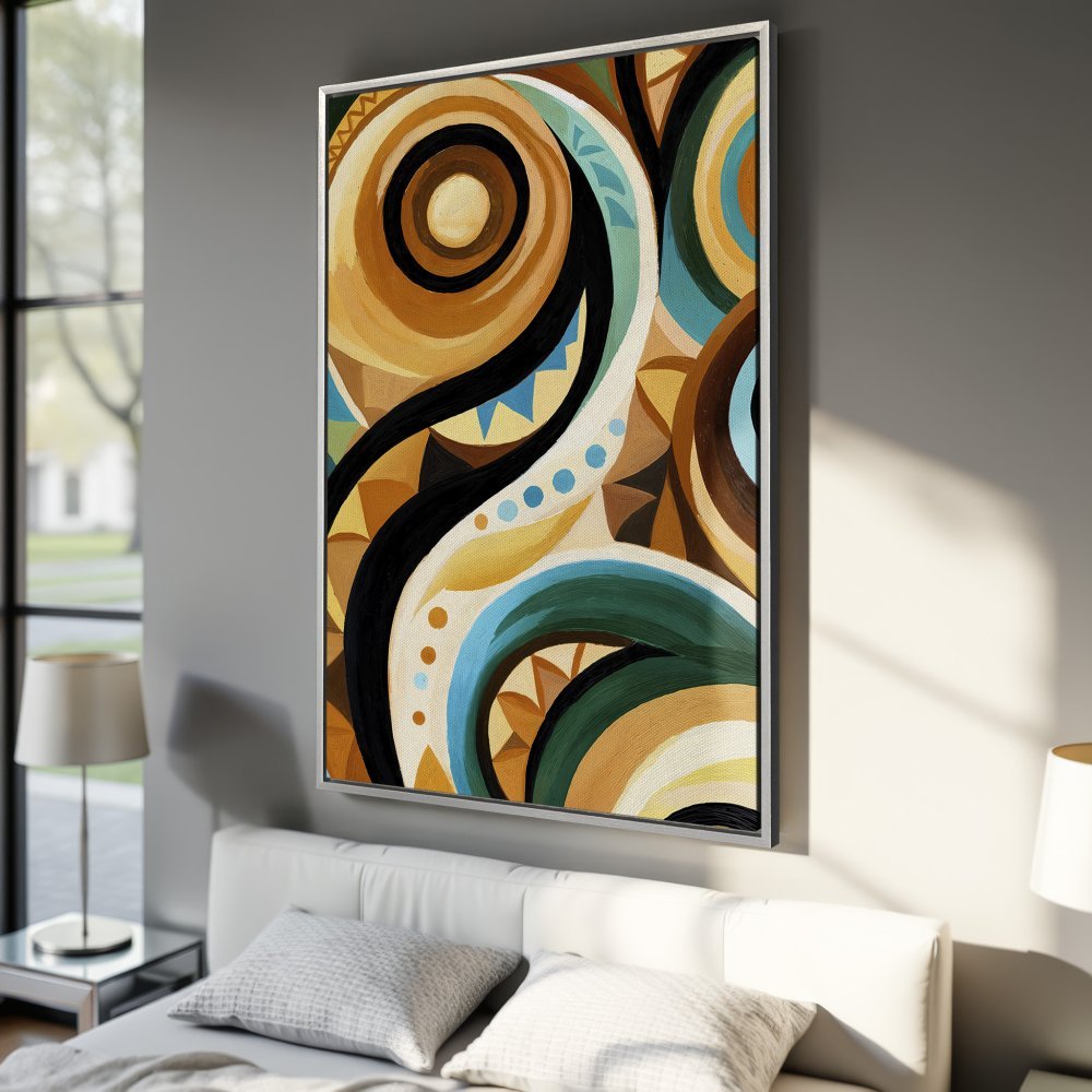 Framed Wall Art: Abstract Canvas Print in warm earth tones, featuring swirling shapes and a pop of teal. Perfect for modern home decor.