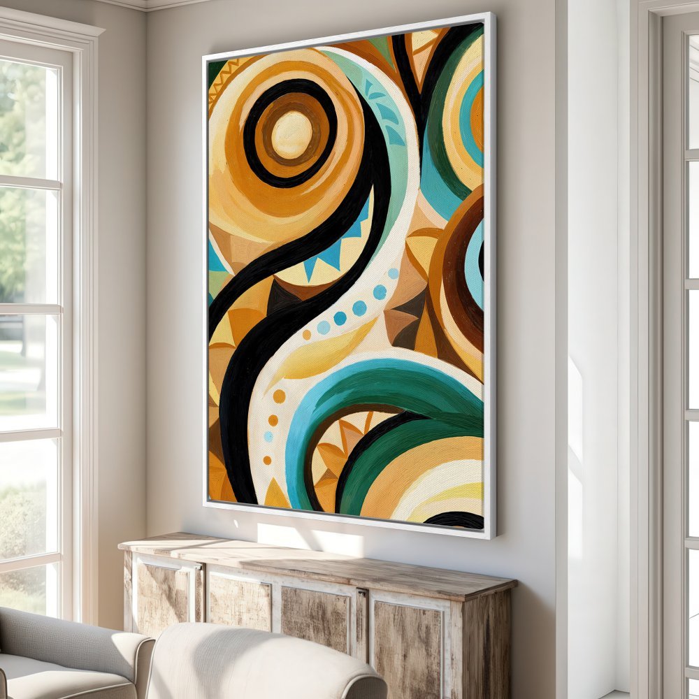 Framed Wall Art: Abstract art Canvas Print with swirling shapes in warm earth tones, teal, and black. Perfect for modern home decor.