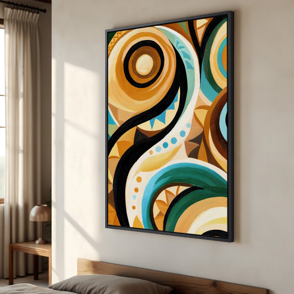 Framed Wall Art: Abstract Canvas Print in warm earth tones. Modern art with black, teal, and gold palette. Perfect for bedroom decor.