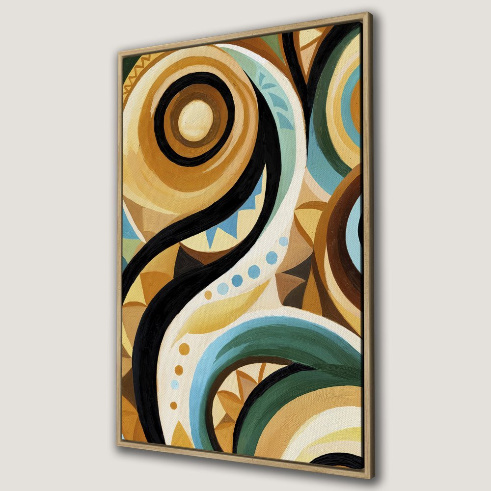 Framed Wall Art: Abstract geometric art in warm earth tones. Modern canvas print with black, brown, and teal accents. Perfect for home decor.