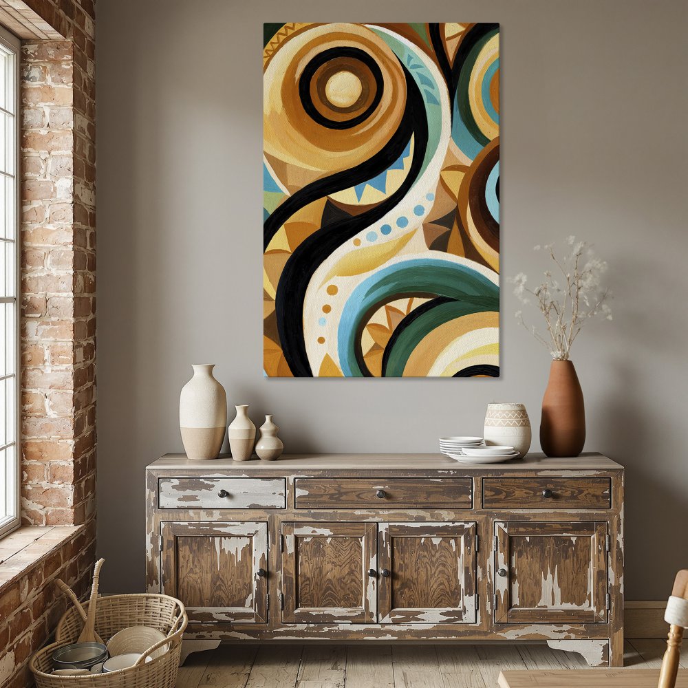 Framed Wall Art: Abstract art Canvas Print with warm, earthy tones and bold black lines. Perfect for adding a modern touch to any dining room.