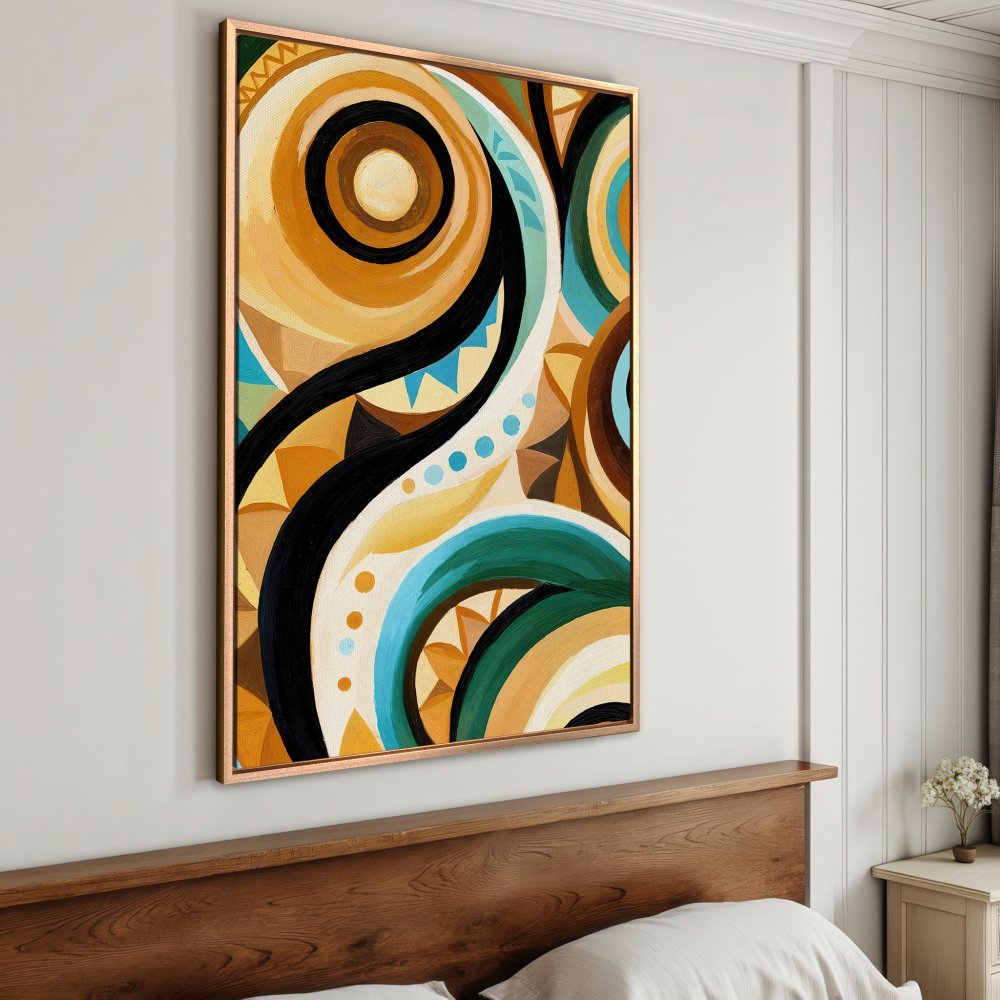 Framed Wall Art: Abstract geometric art in warm earth tones with teal and black accents. Modern canvas print for living room or bedroom decor.
