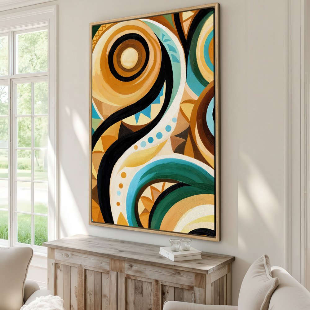 Framed Wall Art: Abstract canvas print with warm, earthy tones and bold geometric shapes. Perfect for adding a pop of color and style to your home!