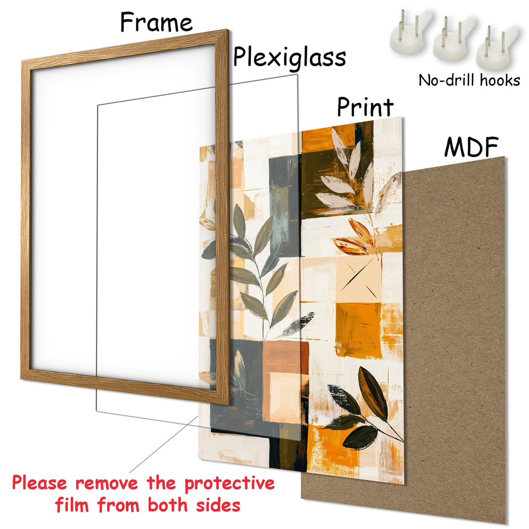 Framed Poster with abstract botanical art in warm orange, gray, and beige tones. Modern wall decor for any space.