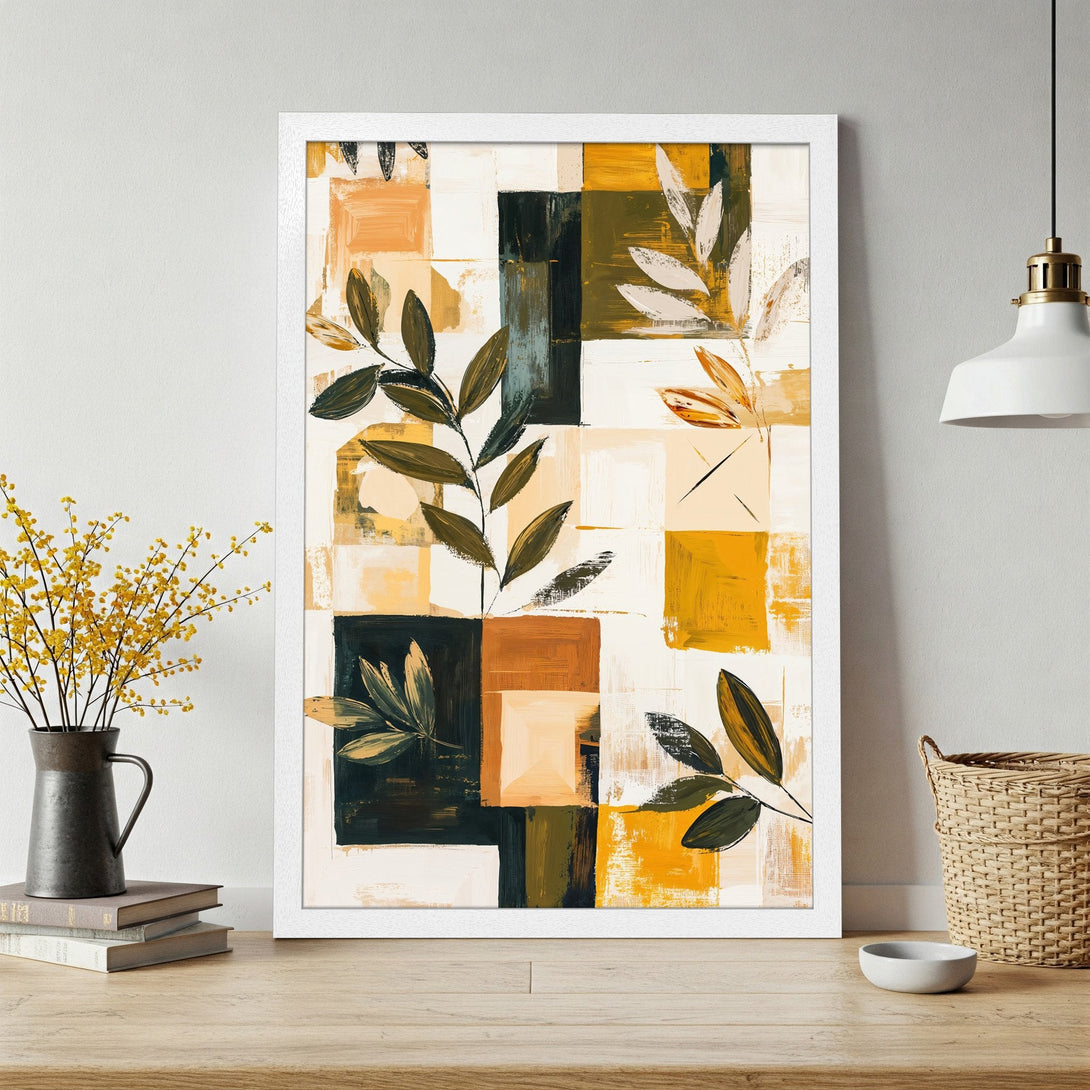 Framed Poster featuring abstract botanical art in a modern style with a warm yellow, green, and brown color palette. Perfect wall decor!