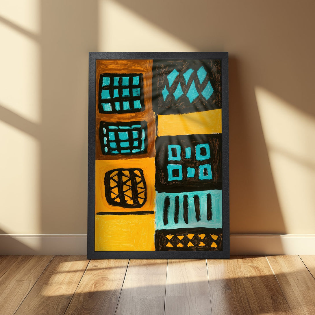 Framed Poster featuring abstract art in yellow, teal, and black. Modern art print for your home decor.