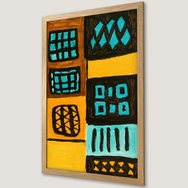 Framed Poster featuring abstract art in a bold, colorful style. Yellow, turquoise, and black palette. Perfect wall decor!