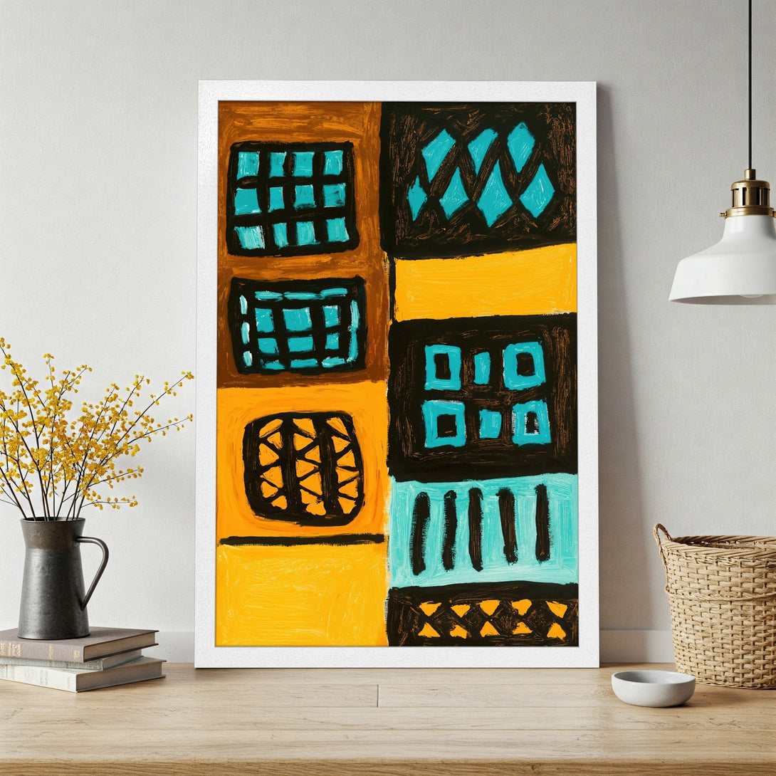 Framed Poster featuring abstract art with a bold color palette of yellow, teal, and black. Modern art print for your home.