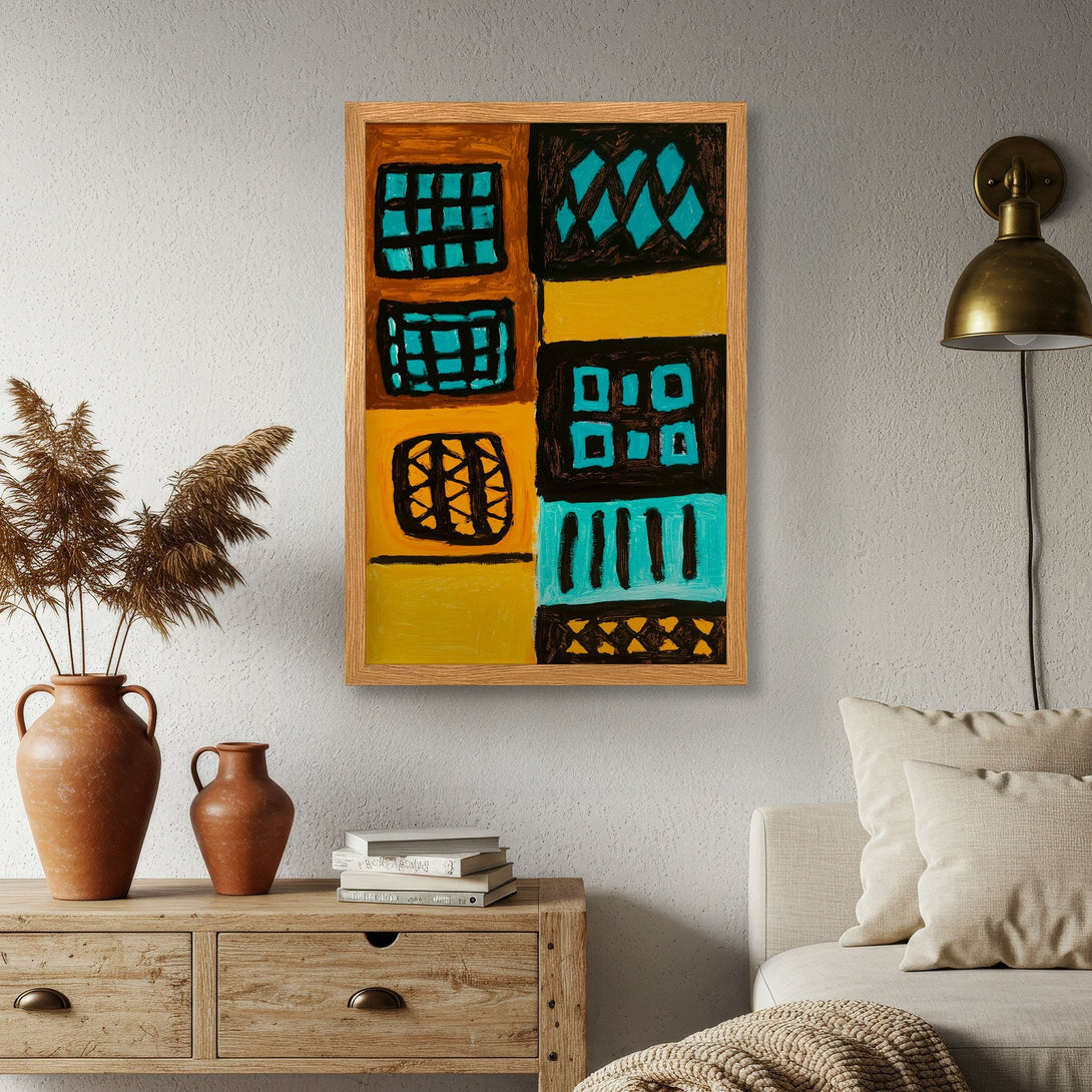 Framed Poster featuring abstract geometric art in a modern style with a vibrant yellow, teal, and black color palette. Perfect wall decor!