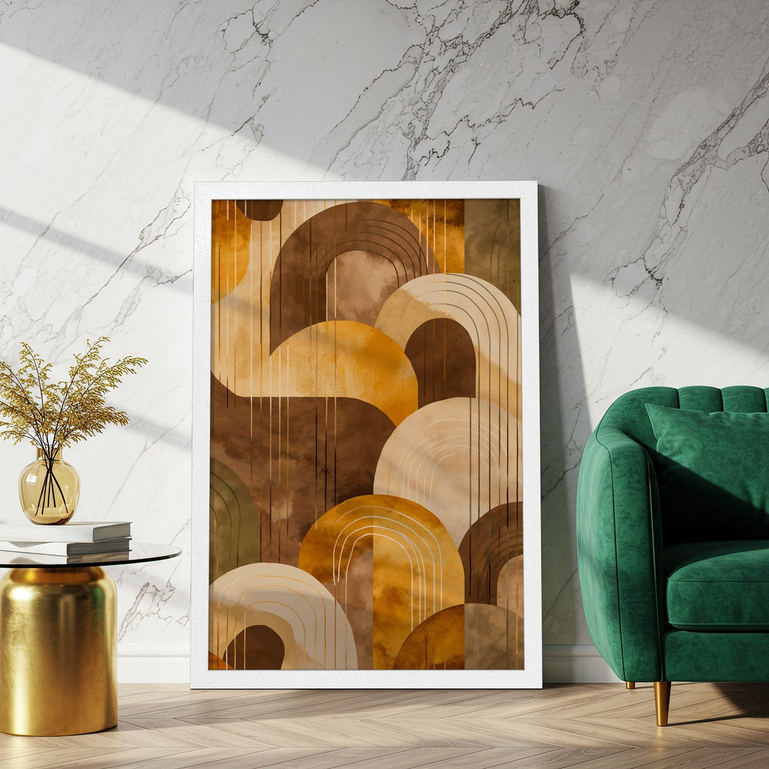 Framed Poster featuring abstract geometric art in warm earth tones, perfect for modern home decor.