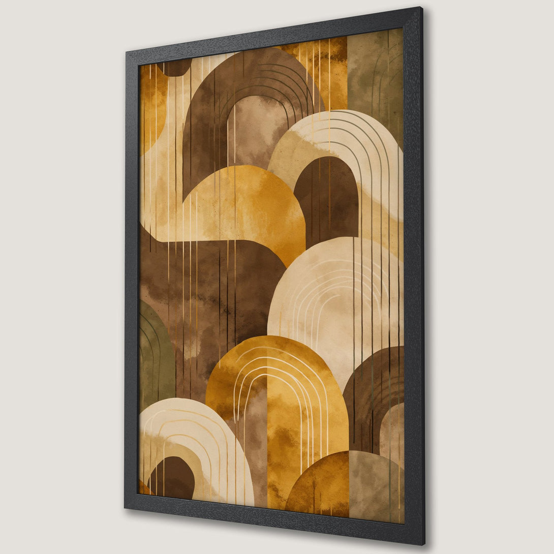 Framed Poster featuring an abstract geometric design in warm earth tones. Stylish art print for modern home decor.