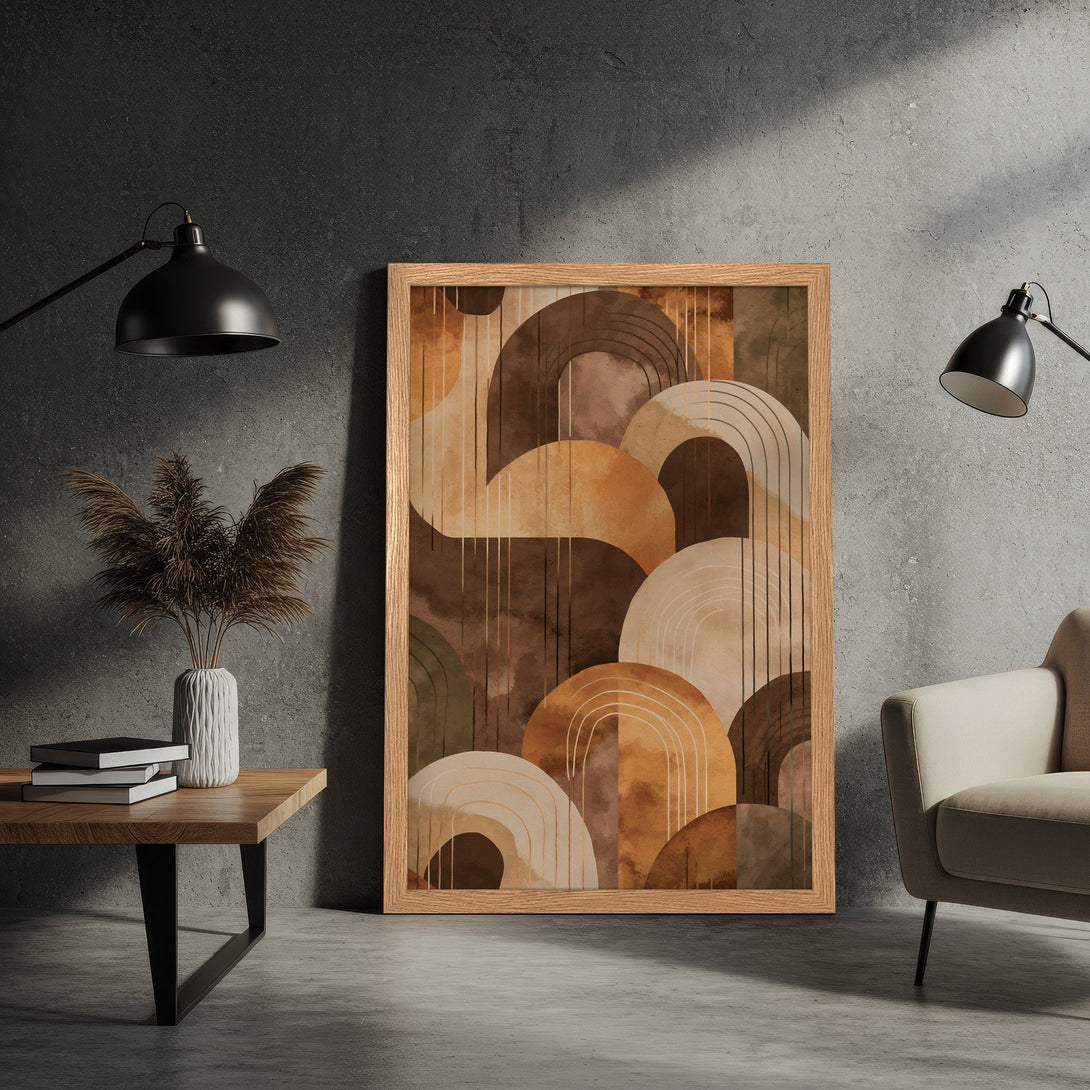 Framed Poster featuring abstract geometric art in warm earth tones. Perfect for modern home decor.