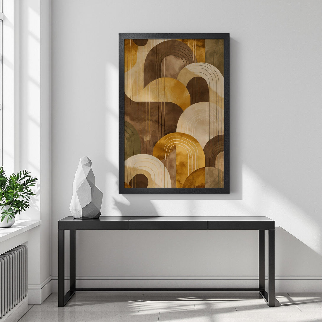 Framed Poster featuring abstract geometric art in warm earth tones. Elevate your space with this stylish wall art!