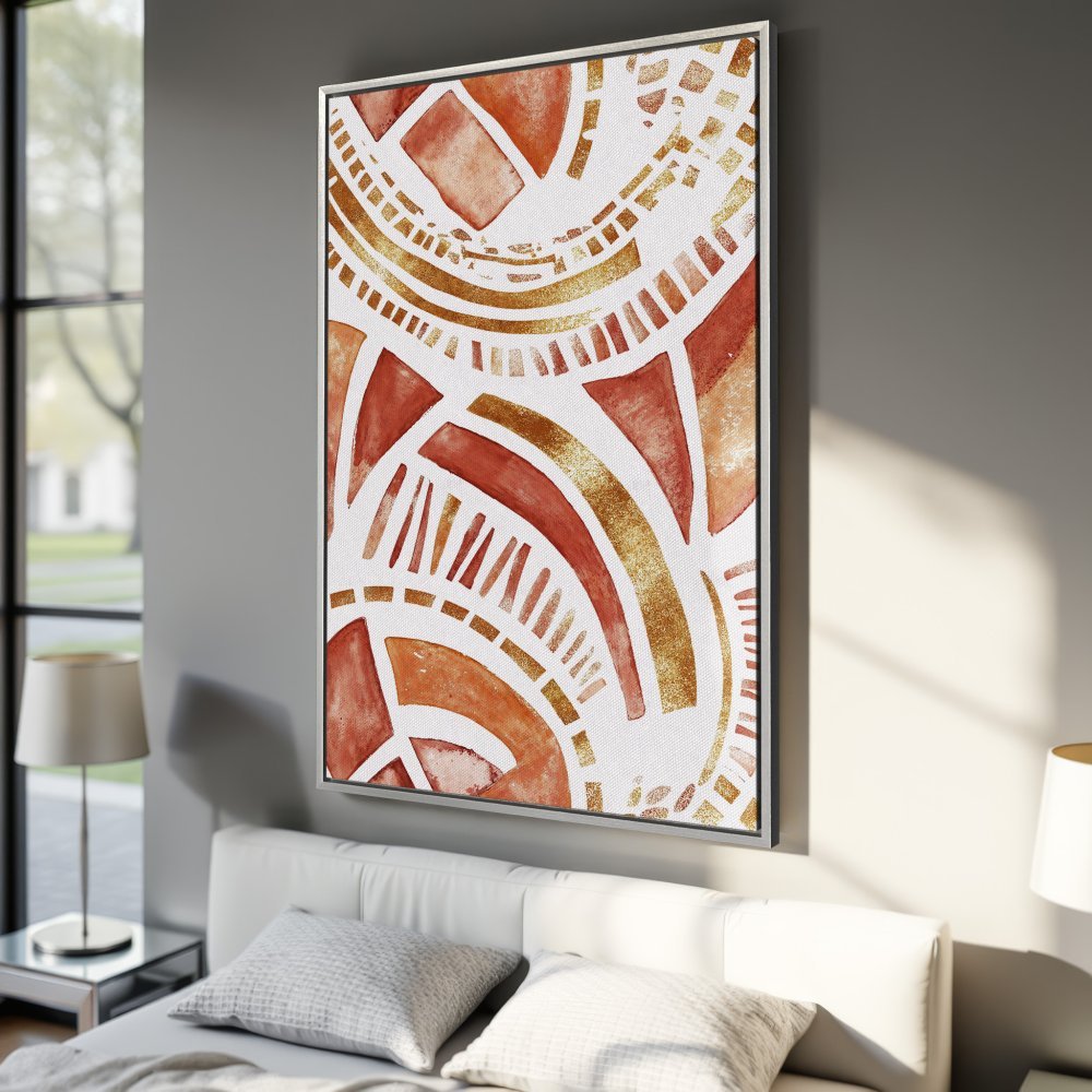 Framed Wall Art: Abstract geometric canvas print in warm terracotta and gold hues, perfect for modern home decor. Add a touch of art!